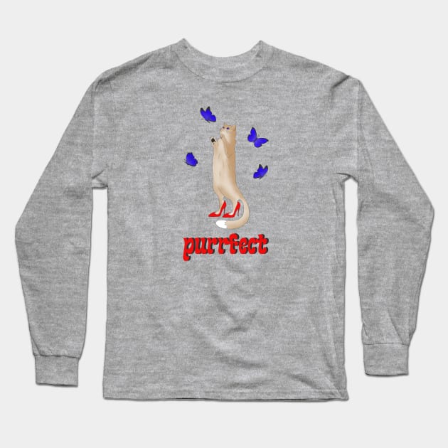 Purrfect - a cute cat in red shoes chasing butterflies Long Sleeve T-Shirt by Cute_but_crazy_designs